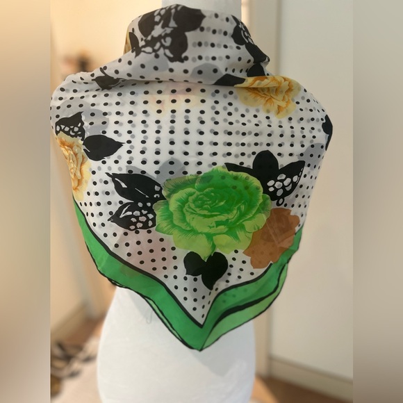 Silk chiffon scarf in green, black, and white with yellow floral pattern. - Picture 6 of 6